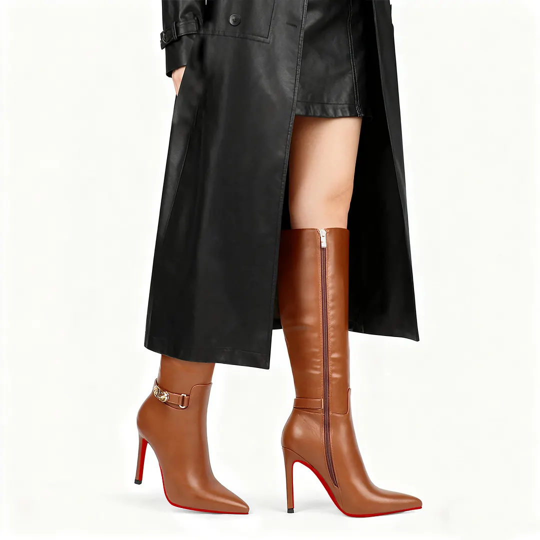 100mm Fashion Zipper Red Bottoms High Heels Metal Buckle Knee Boots-vocosishoes