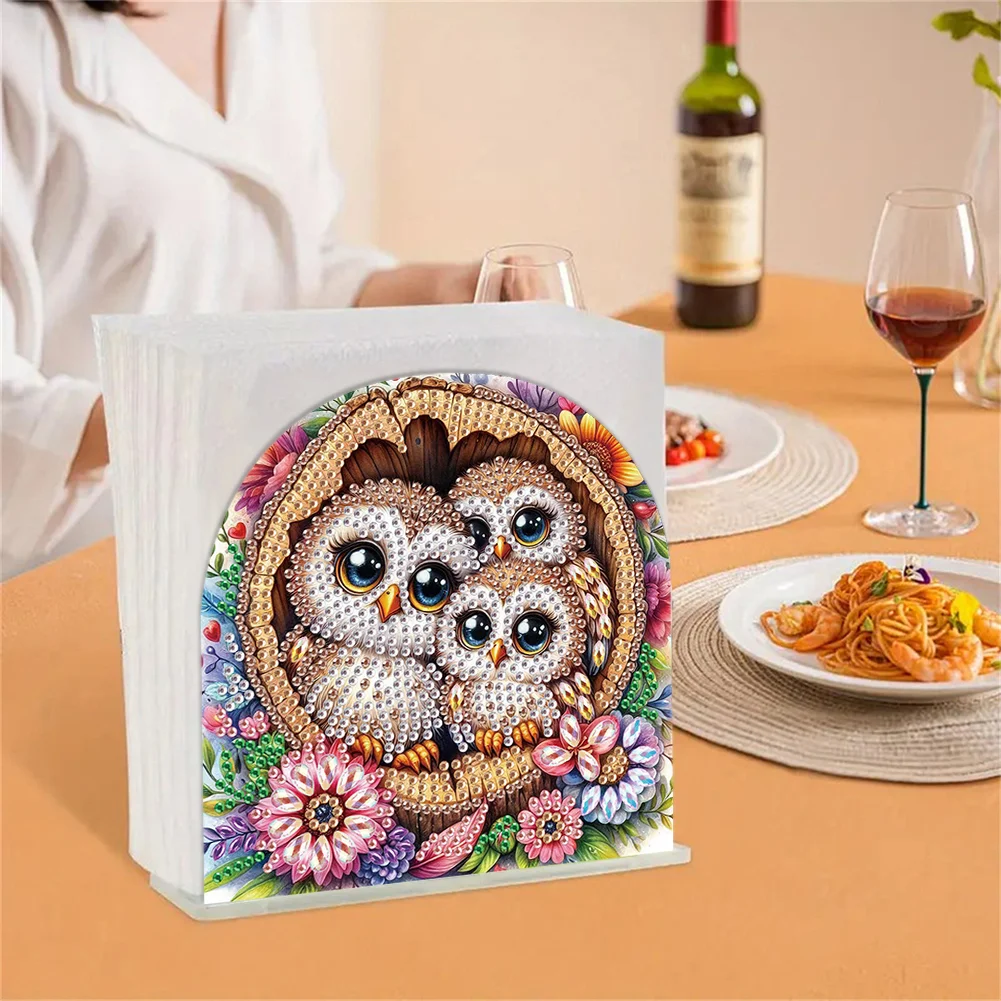 DIY Flower Owl Acrylic Napkin Holder Diamond Painting Kit for Home Table Decor