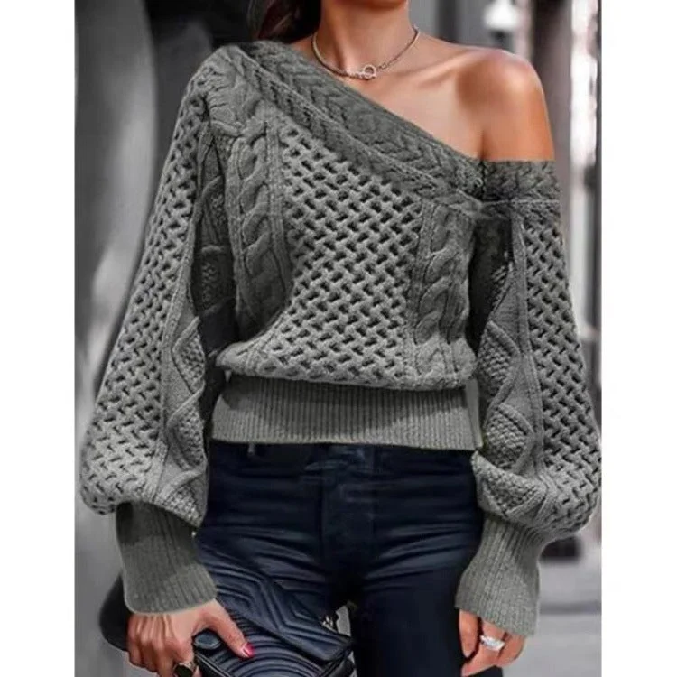 Pullover Inclined Shoulder New O-Neck One-Shoulder Knitted Sweater