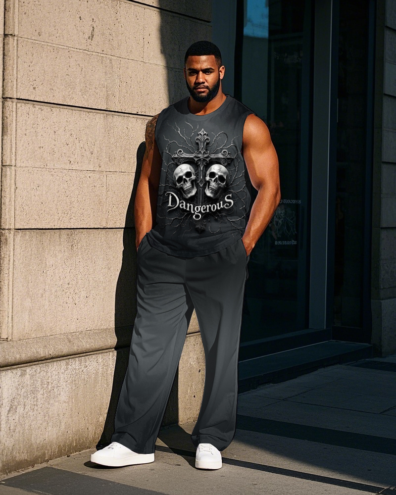 Men's Street Style Gradient Cross & Skull DangerouS Letter Printed Big and Tall Vest and Pants Set