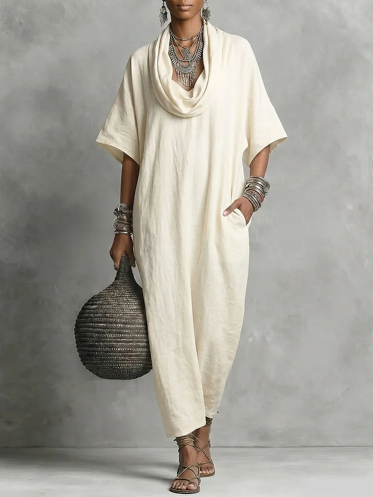 Women's Short-sleeve Draped-neck Dress