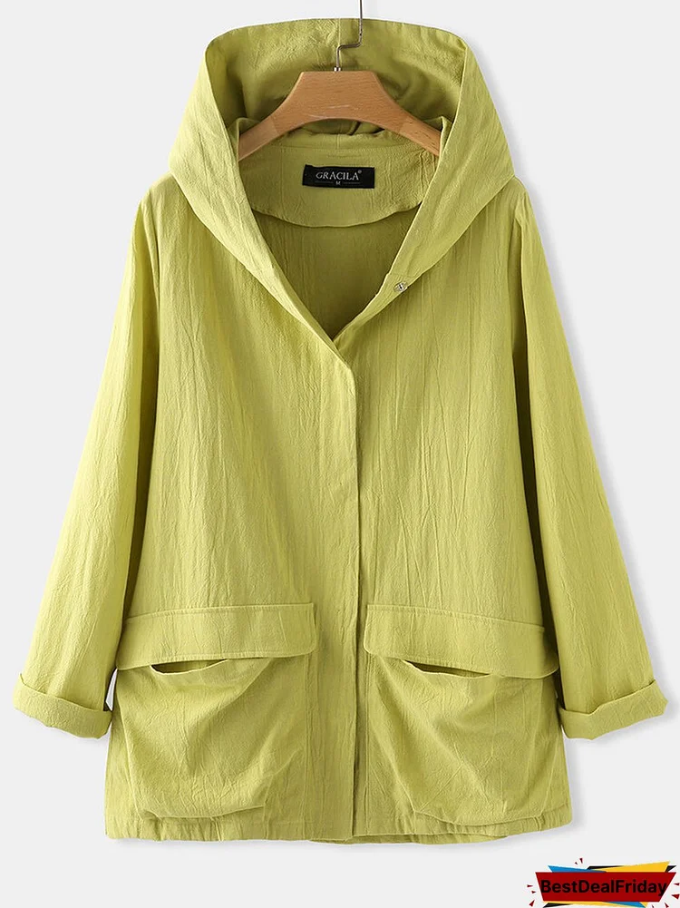 Solid Color Pockets Long Sleeve Thin Cotton Casual Hooded Jackets