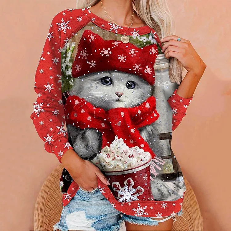 Christmas Cat Head Print Casual Sweatershirt