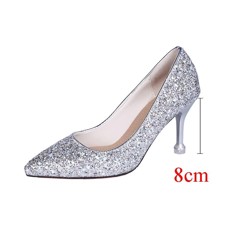 Style Wedding Bride Shingle High-heeled Shoes Pointy Bridesmaid Gold Powder Crystal Banquet Shoes Bling High Heels Bridal Shoes