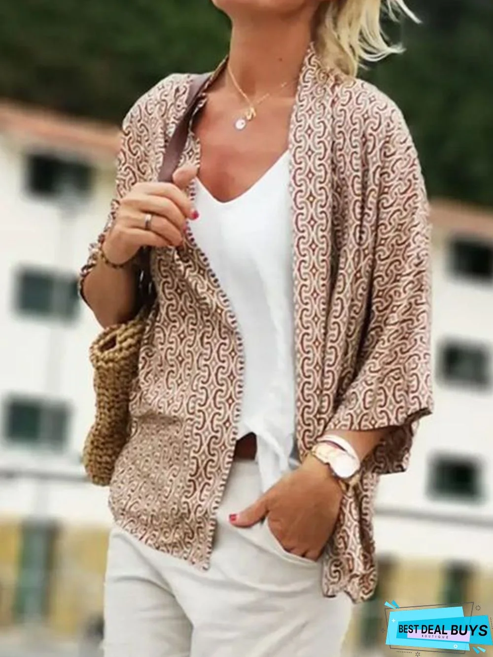 3/4 Sleeve Basic Shift Printed Cardigan