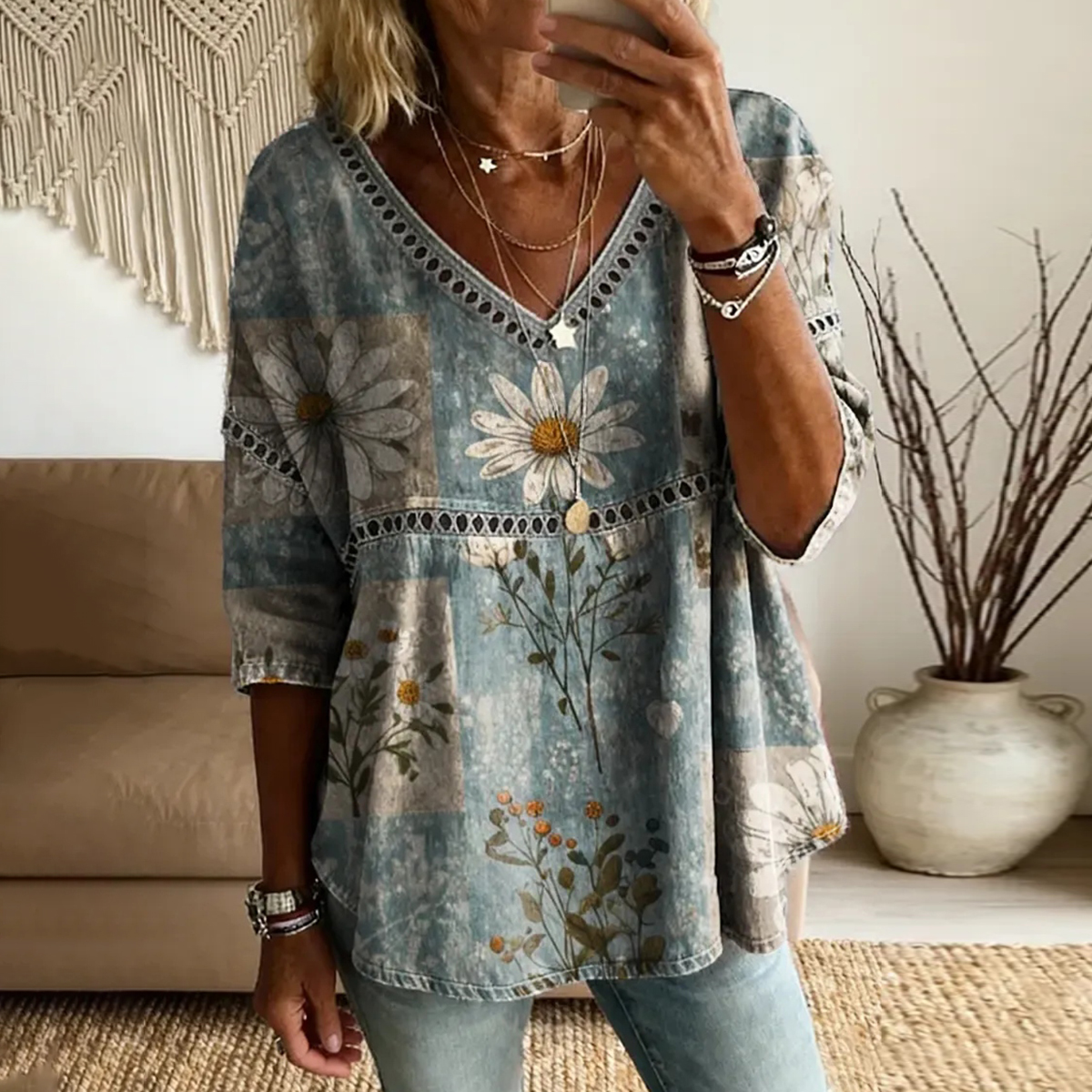 Comstylish Women's Flowers Love Pattern Art Print Casual Lace-up Top
