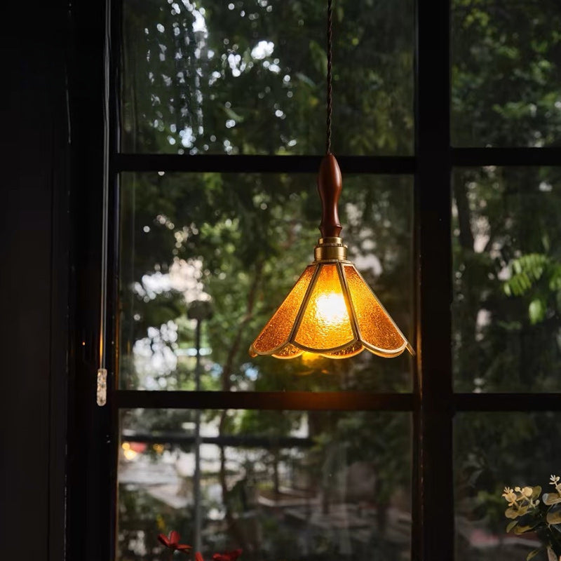 Traditional Vintage Cone Glass Copper Wood 1-Light Pendant Light For Living Room