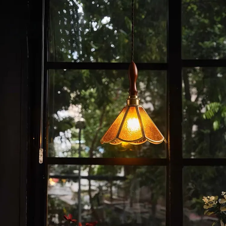 Traditional Vintage Cone Glass Copper Wood 1-Light Pendant Light For Living Room