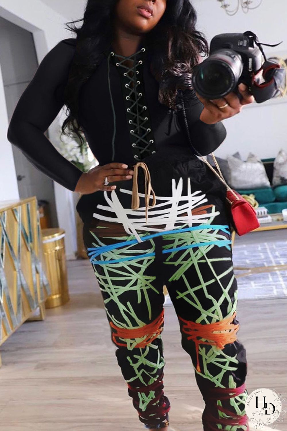 Wine Red Sexy Print Bandage O Neck Long Sleeve Regular Sleeve Regular Two Pieces