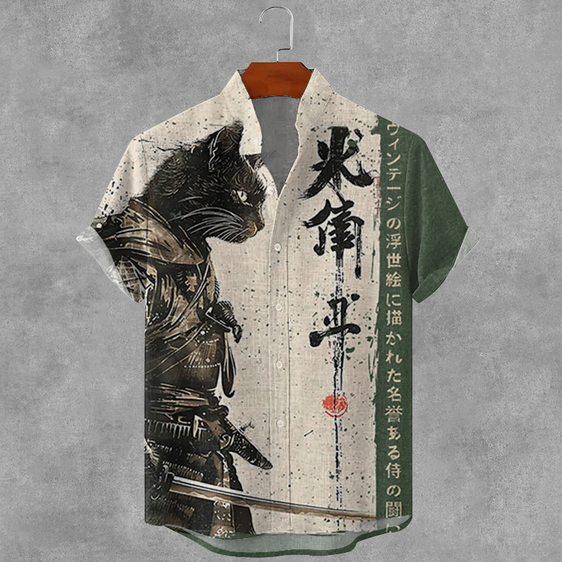 Men's Vintage Samurai Cat Print Short Sleeve Shirt elevenforest
