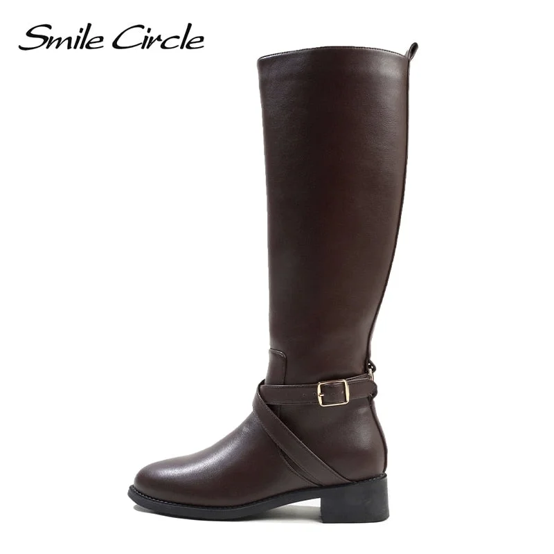 Smile Circle Knee-High Boots Women jockey Boots Warm Round toe Square Heels Equestrian Boots Winter over-the-knee Boots