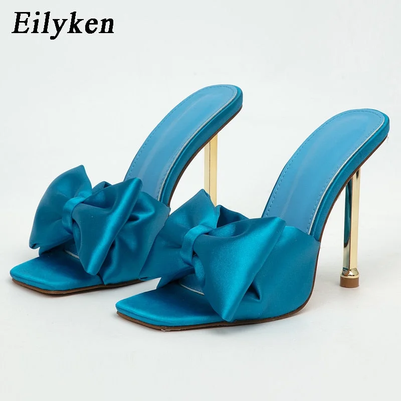 Eilyken 2022 New Arrival Silk Butterfly-knot high heels Women Slippers Sandals Square toe Mule Slippers Slides Party shoes