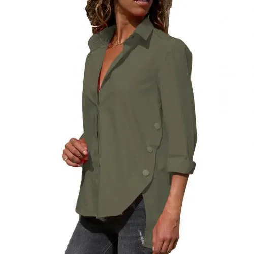 Women Casual Turn Down Collar High-low Hem Side Buttons Decor Plus Size Shirt suitable for travel daily Loose style plus size