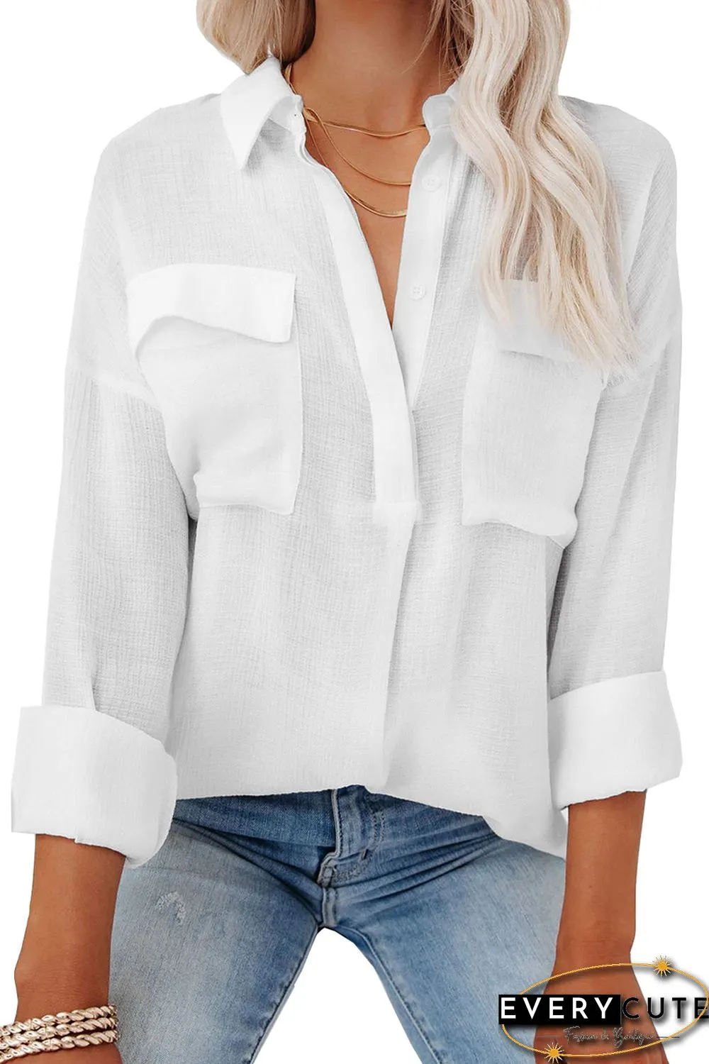 White Buttoned Long Sleeve Shirt with Pocket