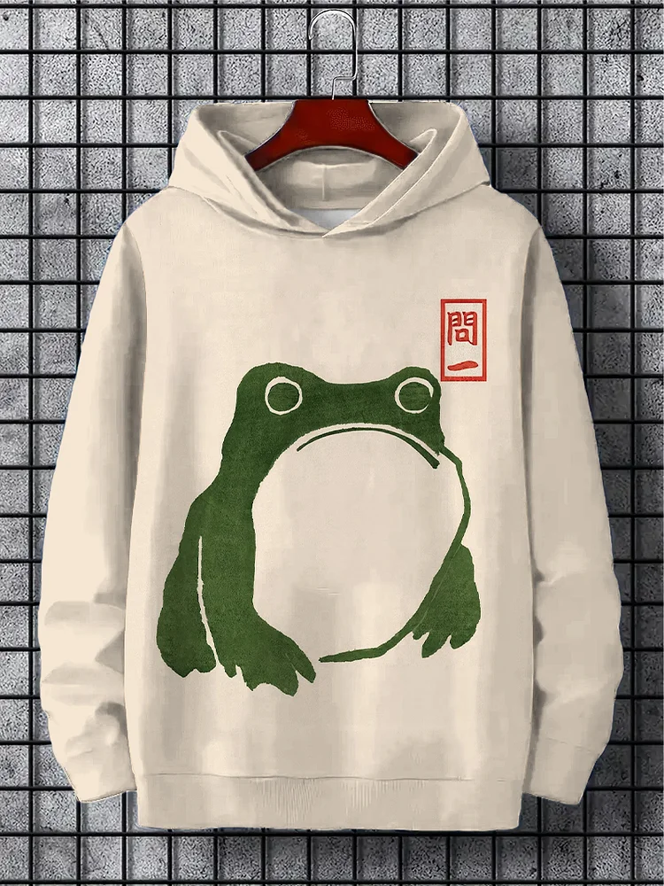 Men's Cute Frog Japanese Lino Art Painting Printed Hoodie