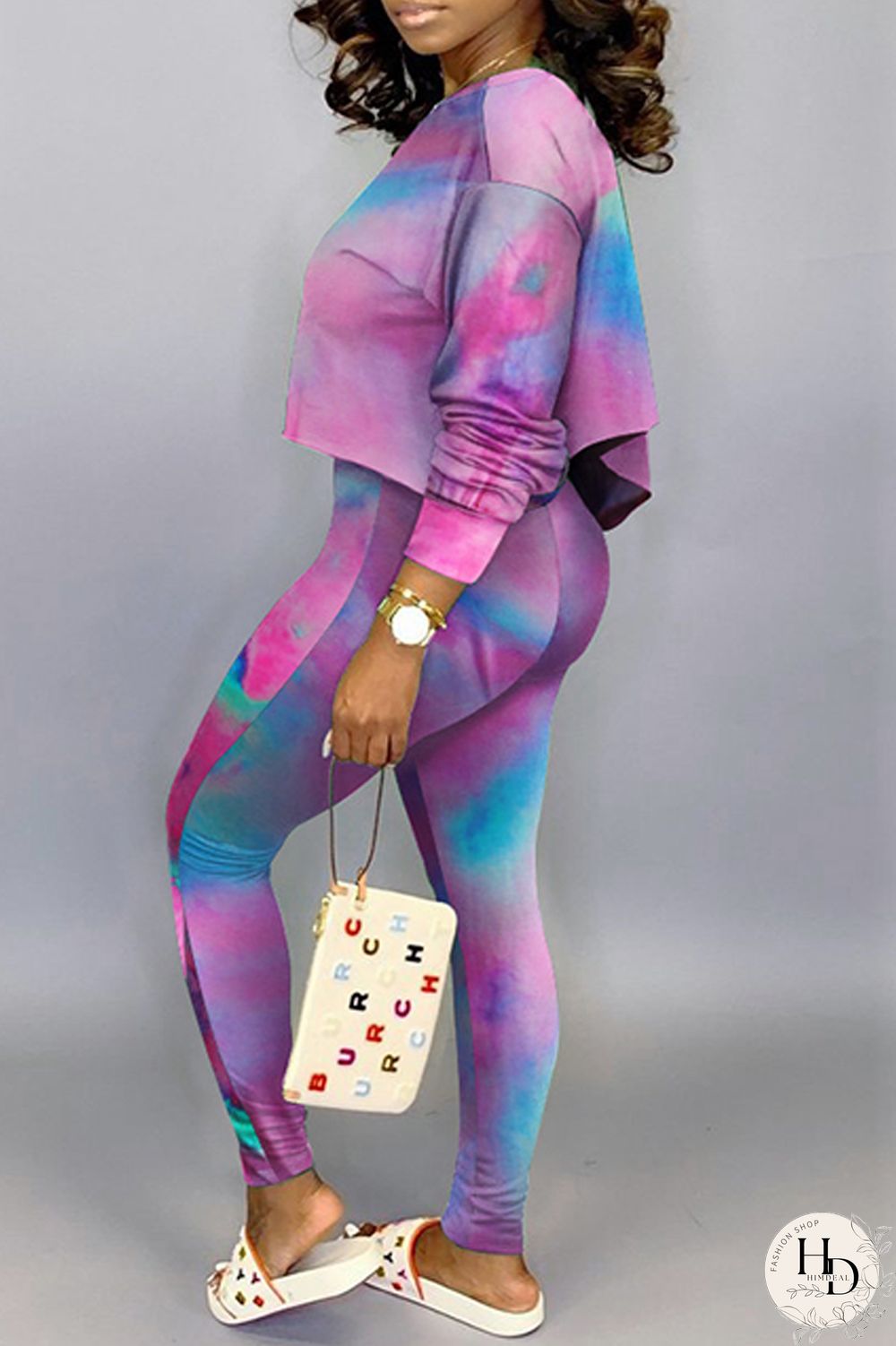 Green Fashion Casual Print Tie-dye Oblique Collar Long Sleeve Two Pieces