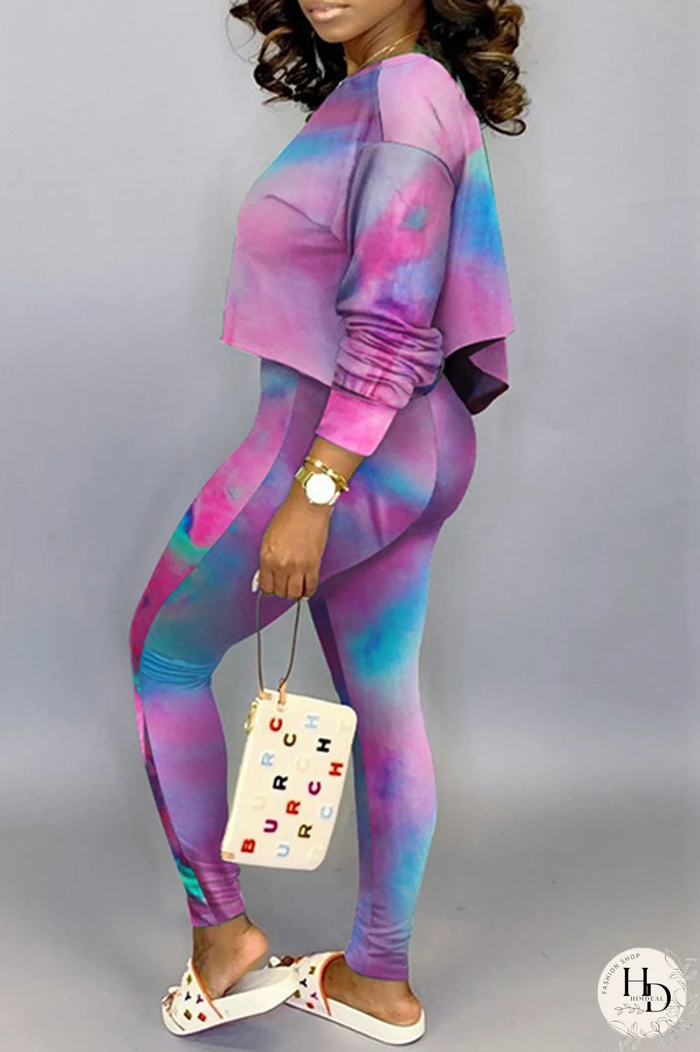 Green Fashion Casual Print Tie-dye Oblique Collar Long Sleeve Two Pieces