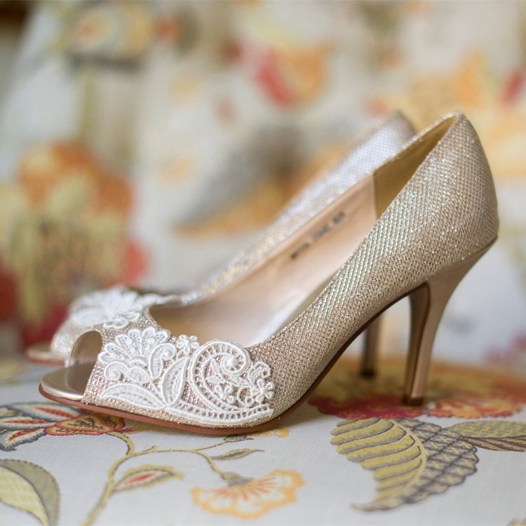 efficiënt Spuug uit verdamping Women's Champagne Bridal Heels Peep Toe Lace Pumps for Wedding|FSJshoes
