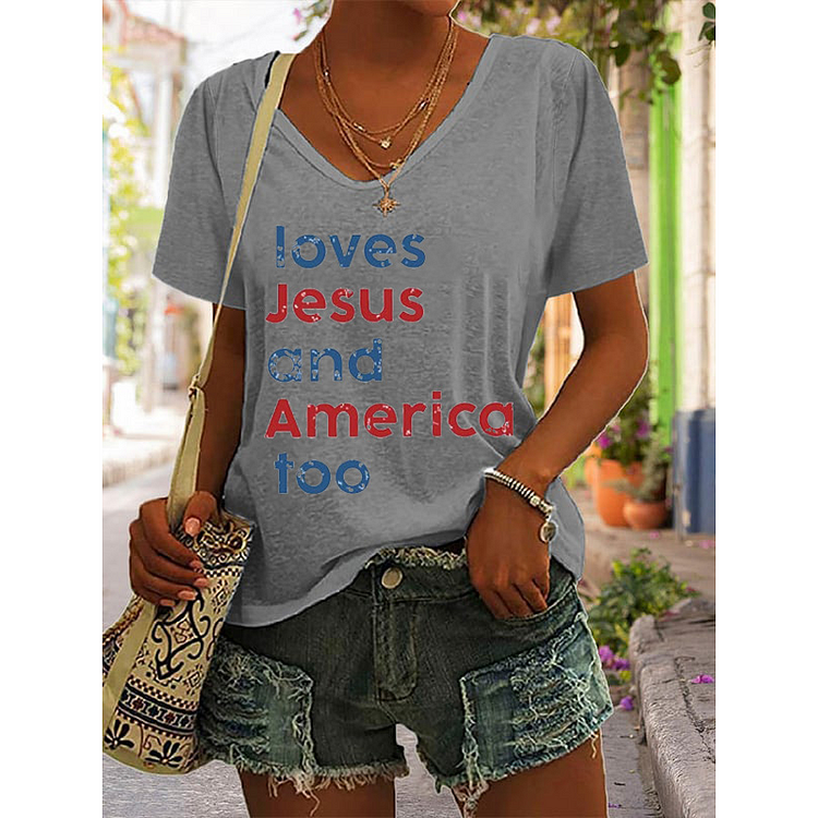 Women's Loves Jesus And America Too Print V Neck Casual T-Shirt socialshop