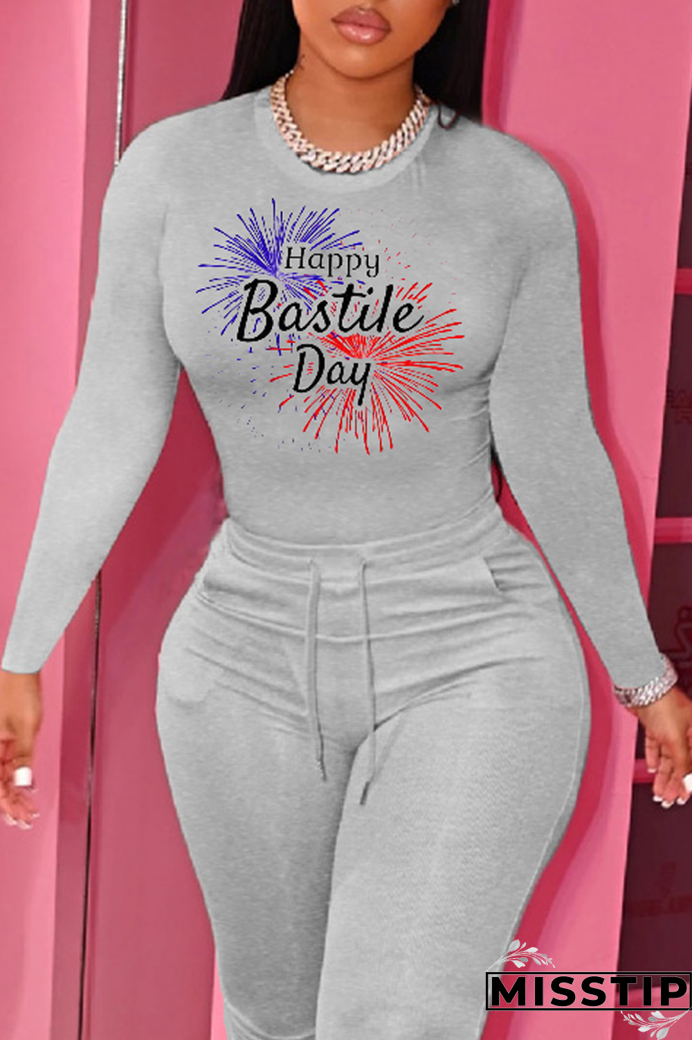 Grey Street Party Print Patchwork Letter O Neck Tops