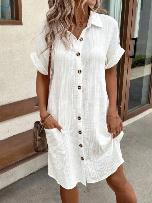 Women's casual solid color cotton and linen buttoned mid-length short-sleeved loose dress socialshop