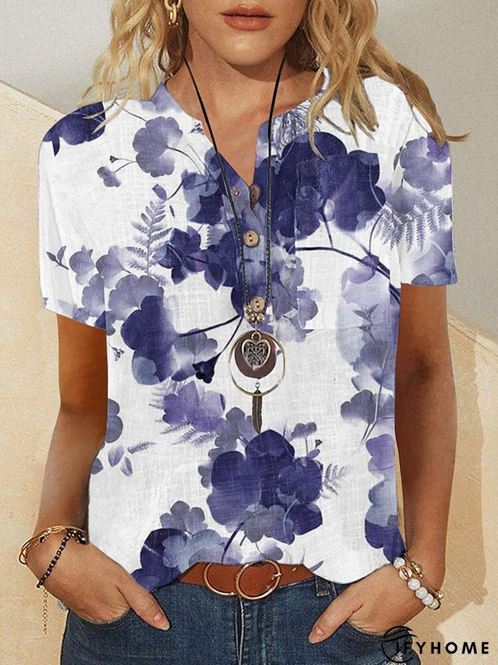 Womens Shirt Blouse White Red Blue Floral Button Print Short Sleeve Holiday Weekend Basic | IFYHOME