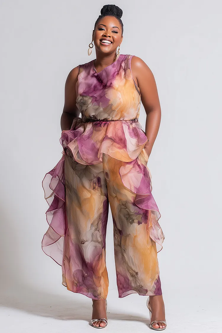 Xpluswear Design Plus Size Business Casual Casual Multicolor All Over Print Round Neck Ruffle Pocket Chiffon Two Piece Pant Sets [Pre-Order] 2024 - Xpluswear
