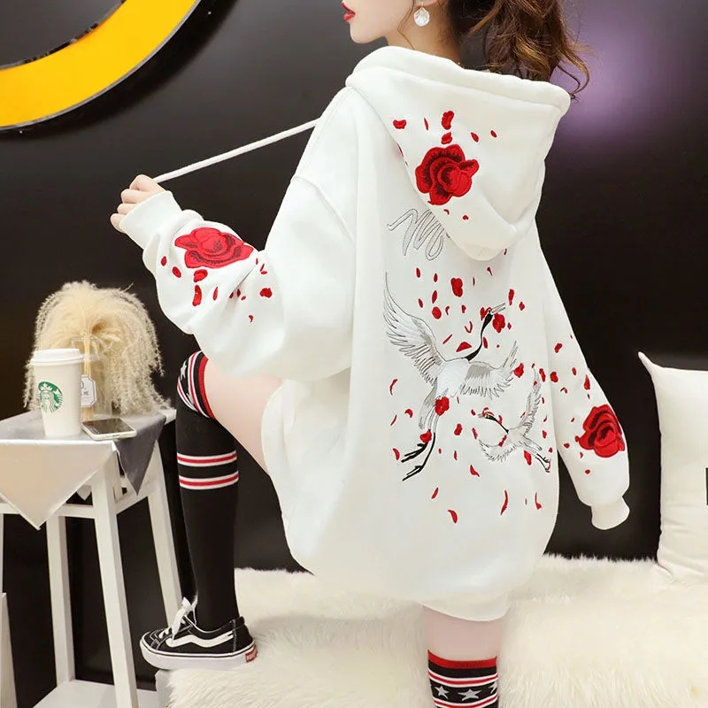 Magibyte Autumn Embroidery Warm Hoodie Sweatshirt Women New Loose Coat Sweatshirt Outwear Hoodies Tops Clothes Hooded Tops Elegant Female