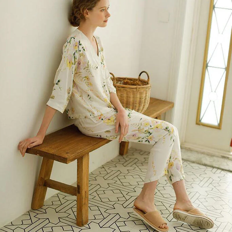 Leaves Prining V-neck Short Sleeve Pajamas Set