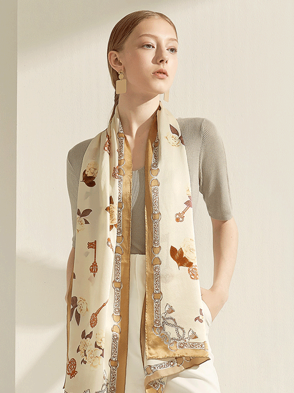 Beige Printed Narrow Silk Scarf 1023191611 52*172
