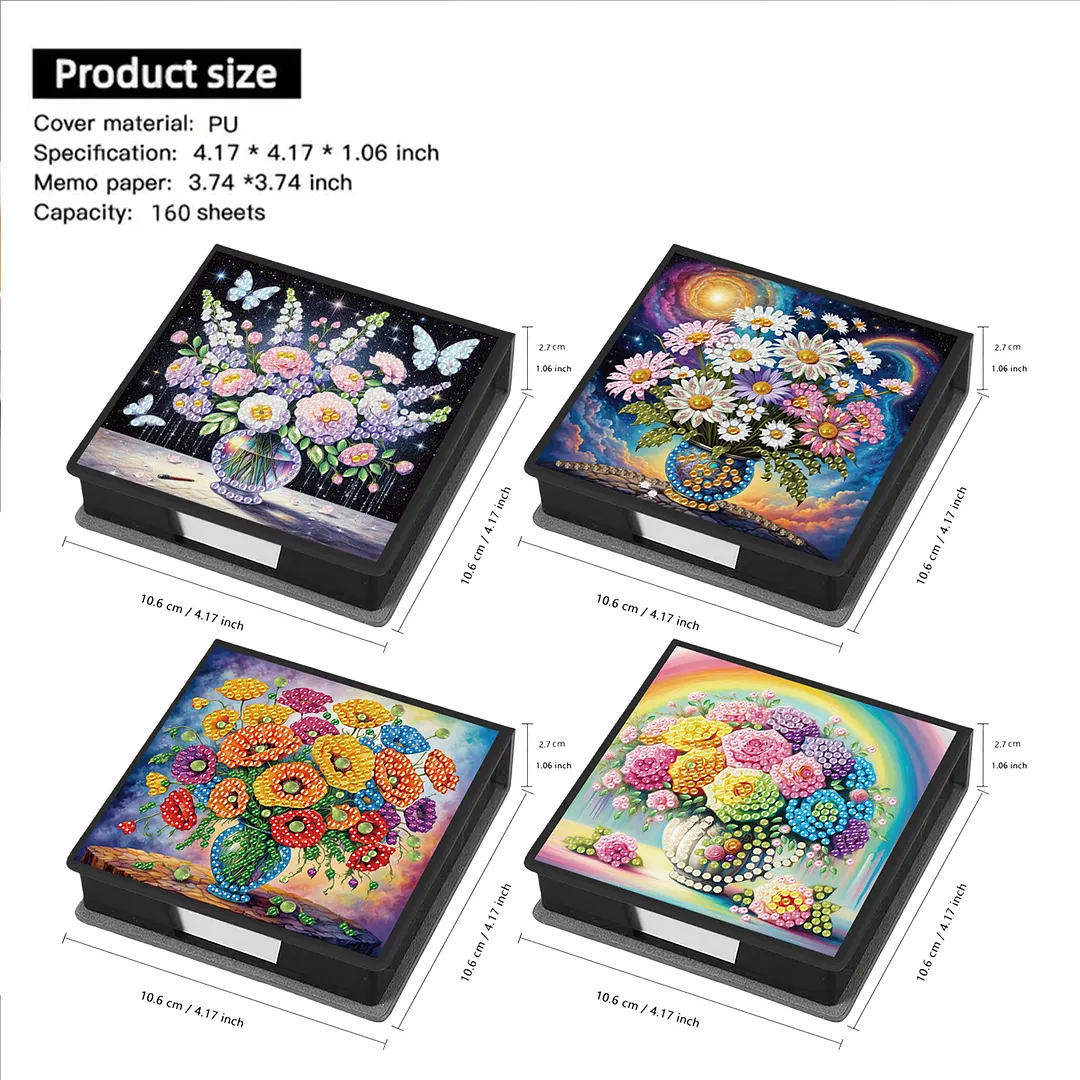 4Pcs Vase 5D DIY PU Diamond Painting Kit Office Note Box with 160 Sheets Paper