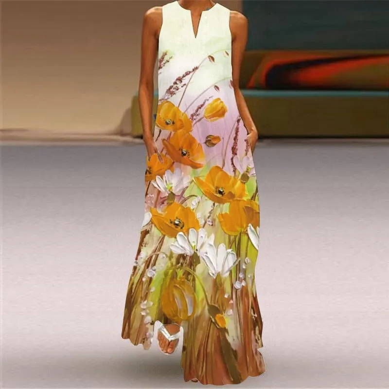 Bohemian Printed Sleeveless Maxi Dress Women Casual V-neck Robe Dresses Female Plus Size Beach Holiday Dress