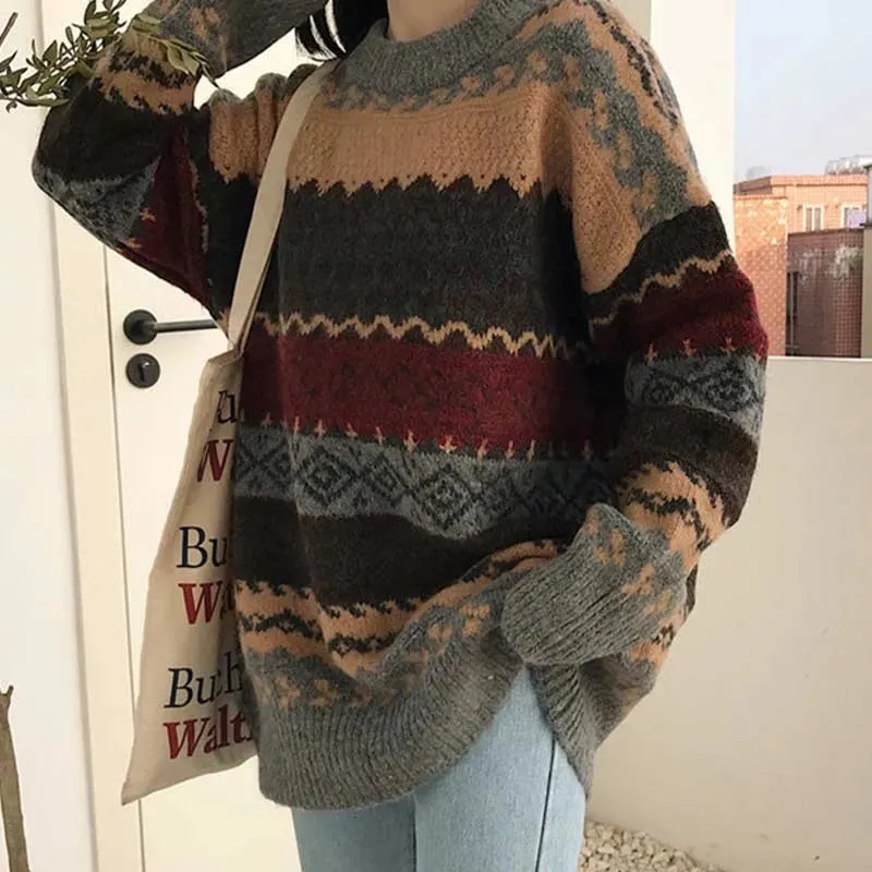 Vintage Knitted Sweaters Women Striped Pullovers Ladies Winter Jumpers Casual Knitwear Argyle Loose Sweater Streetwear 2021