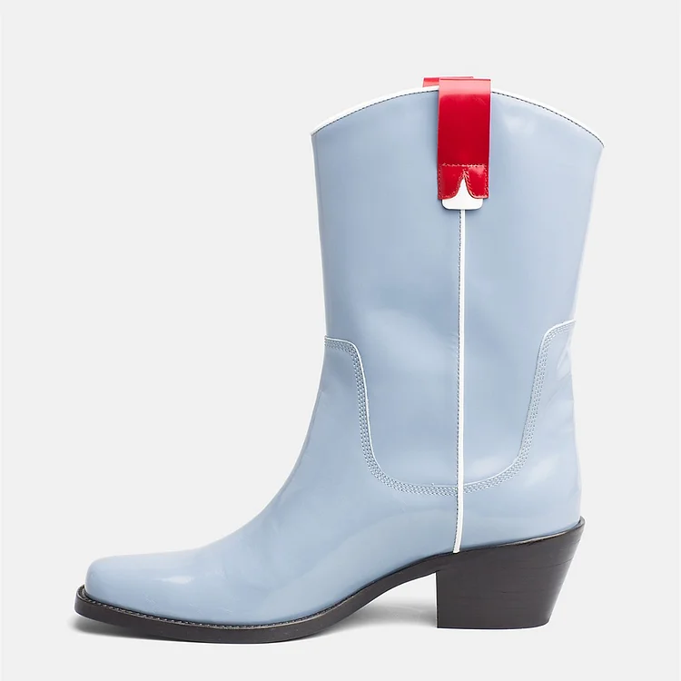 Light Blue Western Boots Patent Leather Chunky Heel Mid Calf Boots |FSJ Shoes