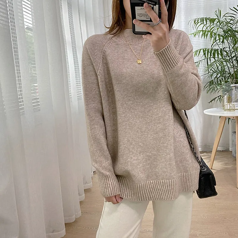 Women Mock Neck Pullovers Sweater High Quality Oversized Jumper Split Fall Winter Clothes Beige Purple Green 8 Colors  C-232
