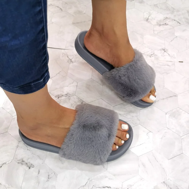 Qengg One Drop Plush Women Slippers Female Wear-resistant Flat Plush Shoes Fur Slides Woman Indoor Furry Home Slippers