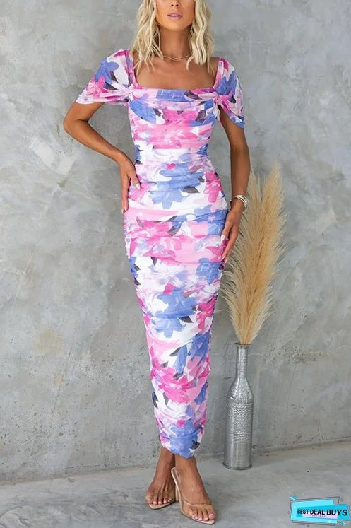 Off Shoulder Back Slit Ruched Print Maxi Dress