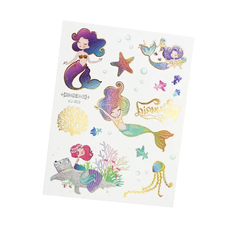 1Pc Mermaid Glitter Bronzing Cartoon Children's Body Temporary Tattoos For Kids Mermaid Theme Birthday Party Decoration Supplies