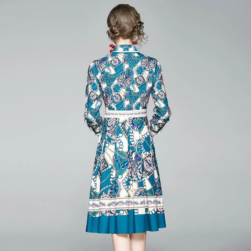 Lapel retro geometric print elegant temperament big swing dress