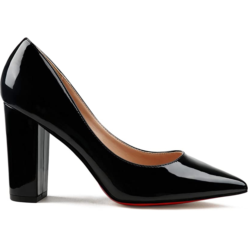 3.5" Women's Chunky Heels Red Bottom Shoes Comfortable Middle Block Heel Patent Pumps-MERUMOTE