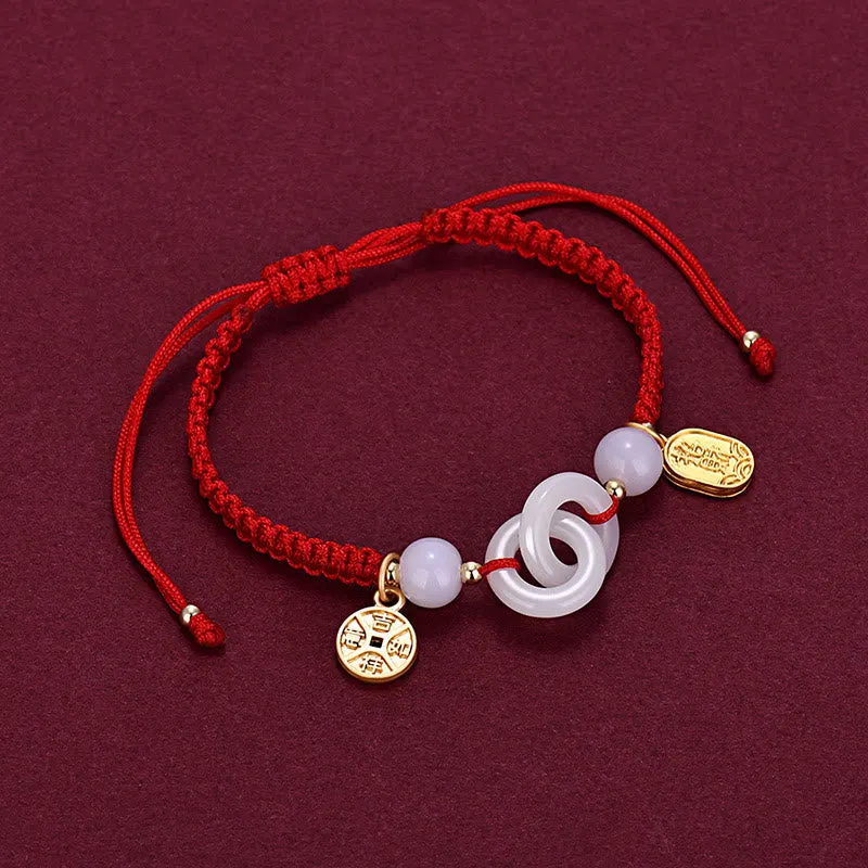 Cyan Jade White Jade Copper Coin Fu Character Double Peace Buckle Bracelet