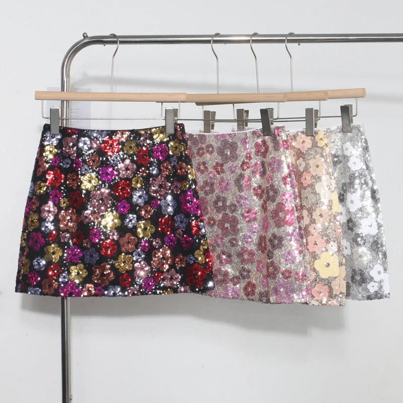 Nigikala Nigikala Heavy Industry Lighting Flowers A-Word Skirt High Waist Thin Ass Anti-Light Short Skirt Women 8158