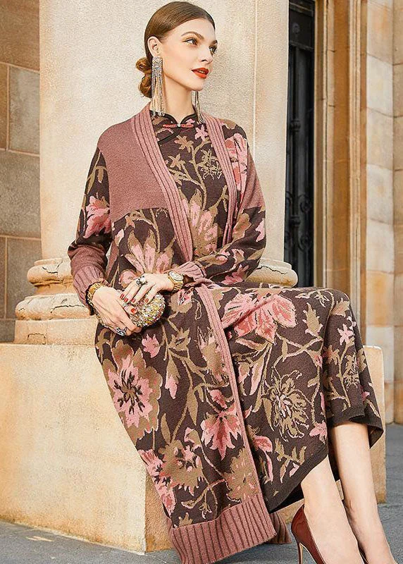 French Khaki Print Original Design Oriental Knit coat Winter