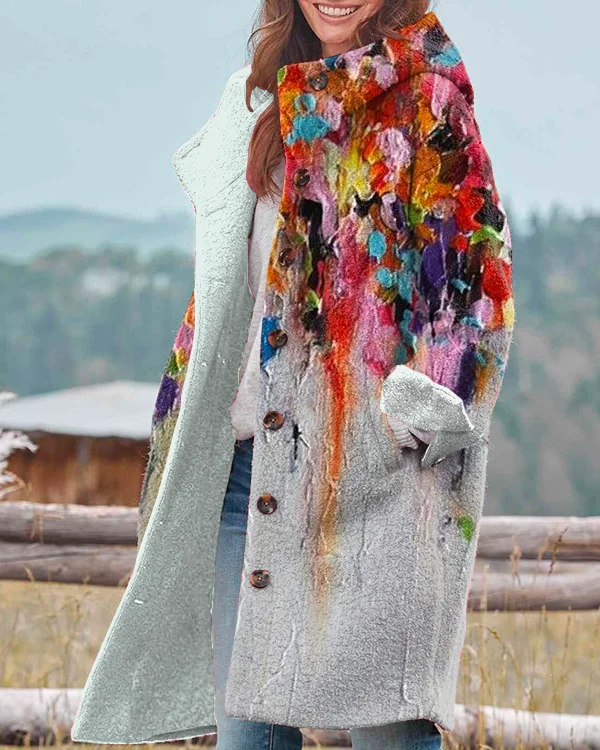 Vintage Colorful Floral Art Print Hooded Long Sleeve Jacket
