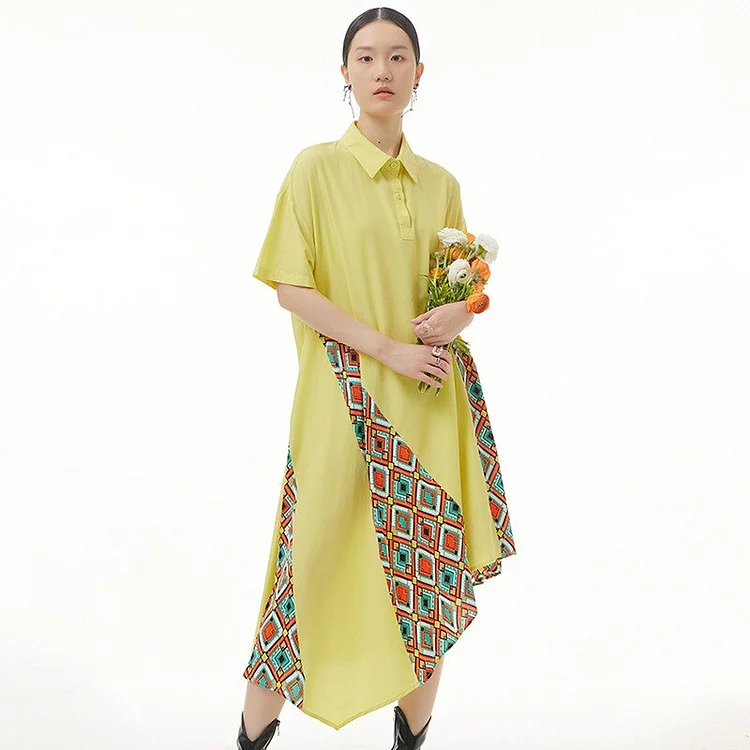 Art Turn-down Collar Rhombus Printed Patchwork Pockets Irregular Hem Short Sleeve Dress