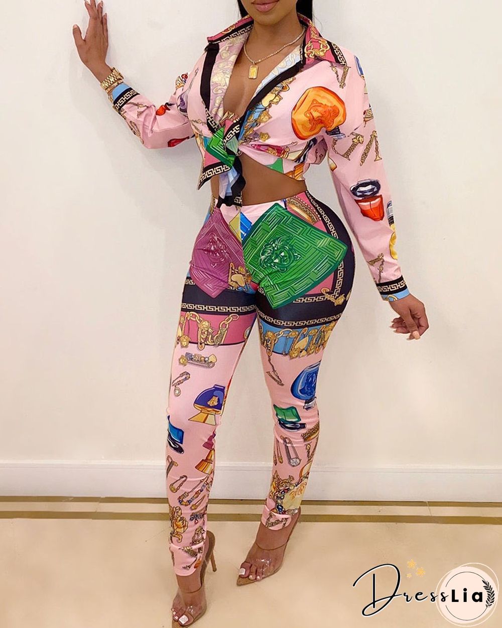 Scarf Graphic Print Long Sleeve Top & Pants Set