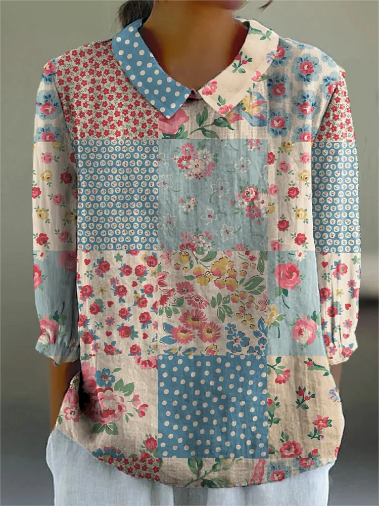 Vintage Patchwork Pattern Printed Women's Casual Cotton And Linen 3/4 Sleeve Shirt
