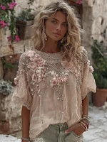 Women's Vintage Rose Floral Art Linen Blend Comfy T-shirt