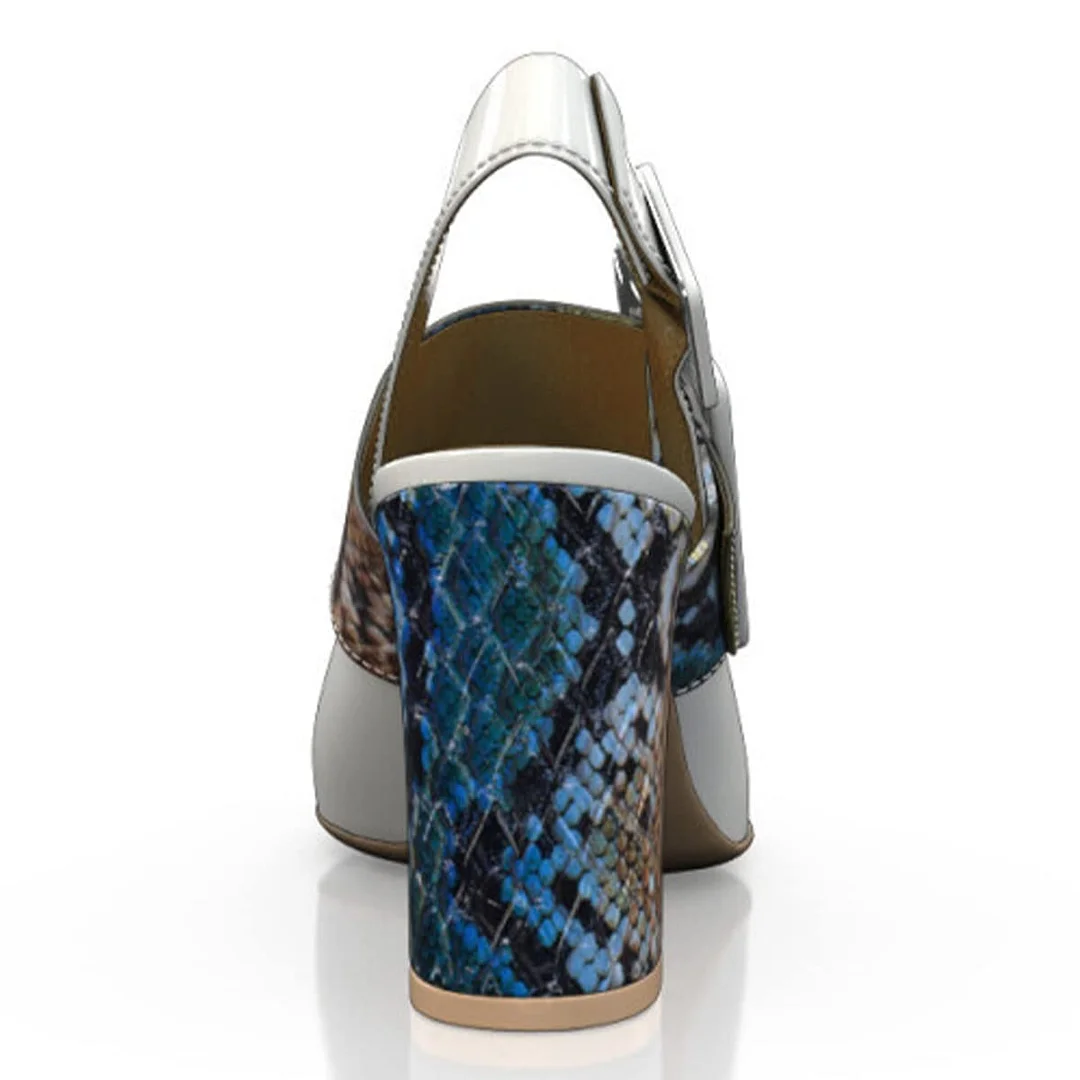 White Patent Leather Snakeskin Patchwork Buckle Slingback Chunky Heels