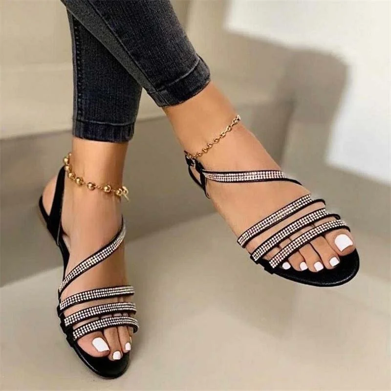 Qengg Women's Sandals Rhinestone Bling Bling Shoes Female Sandals Fashion Style Open Toe Woman Shoes Flats Slip On Beach Sandal